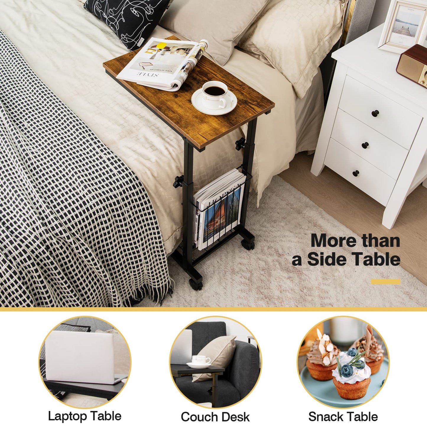 C-shape Adjustable End Table with Storage Basket
