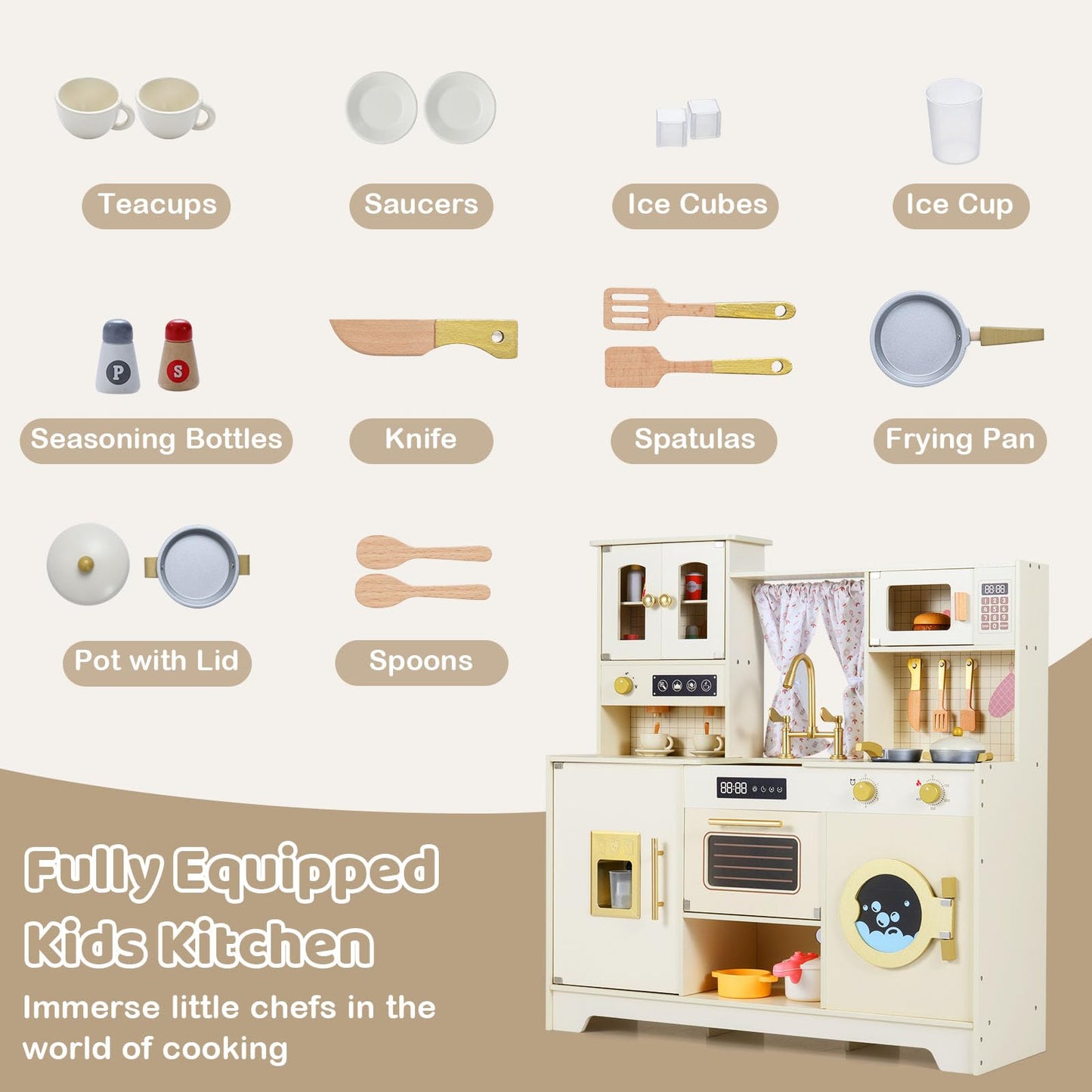 Kids Wooden Kitchen, Pretend Play Kitchen with Stoves