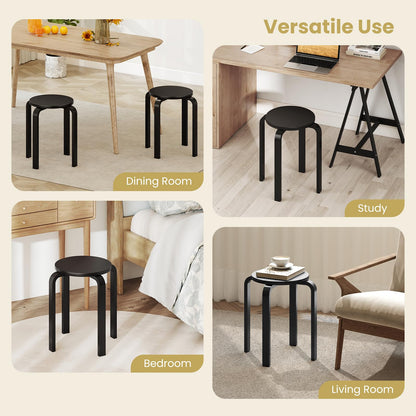 Set of 4 Stacking Wooden Stools, Upholstered Round Bar Stool with Non-Slip Foot Mat, Breakfast Dining Chair for Home Kitchen Office