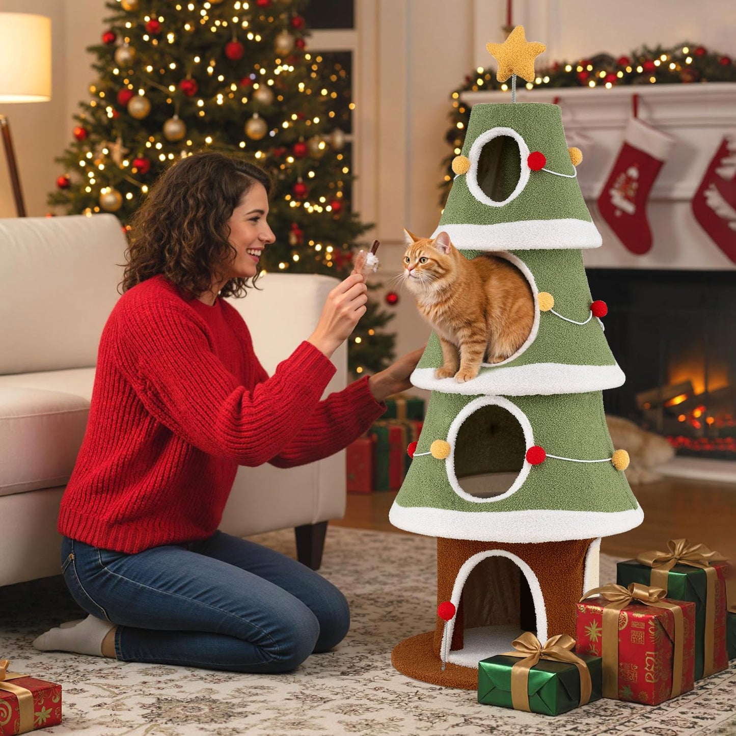 154 cm Cute Cat Tower with 4 Condos and Sisal Carpet for Holiday Decoration