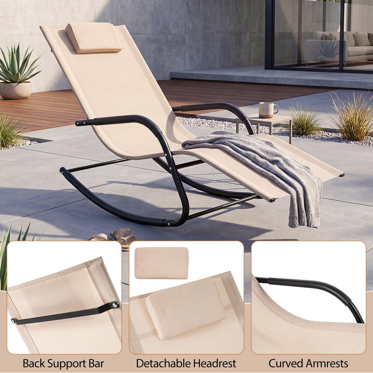 Rocking Sun Lounger, Zero Gravity Recliner Garden Rocking Chair with Headrest & Curved Armrests