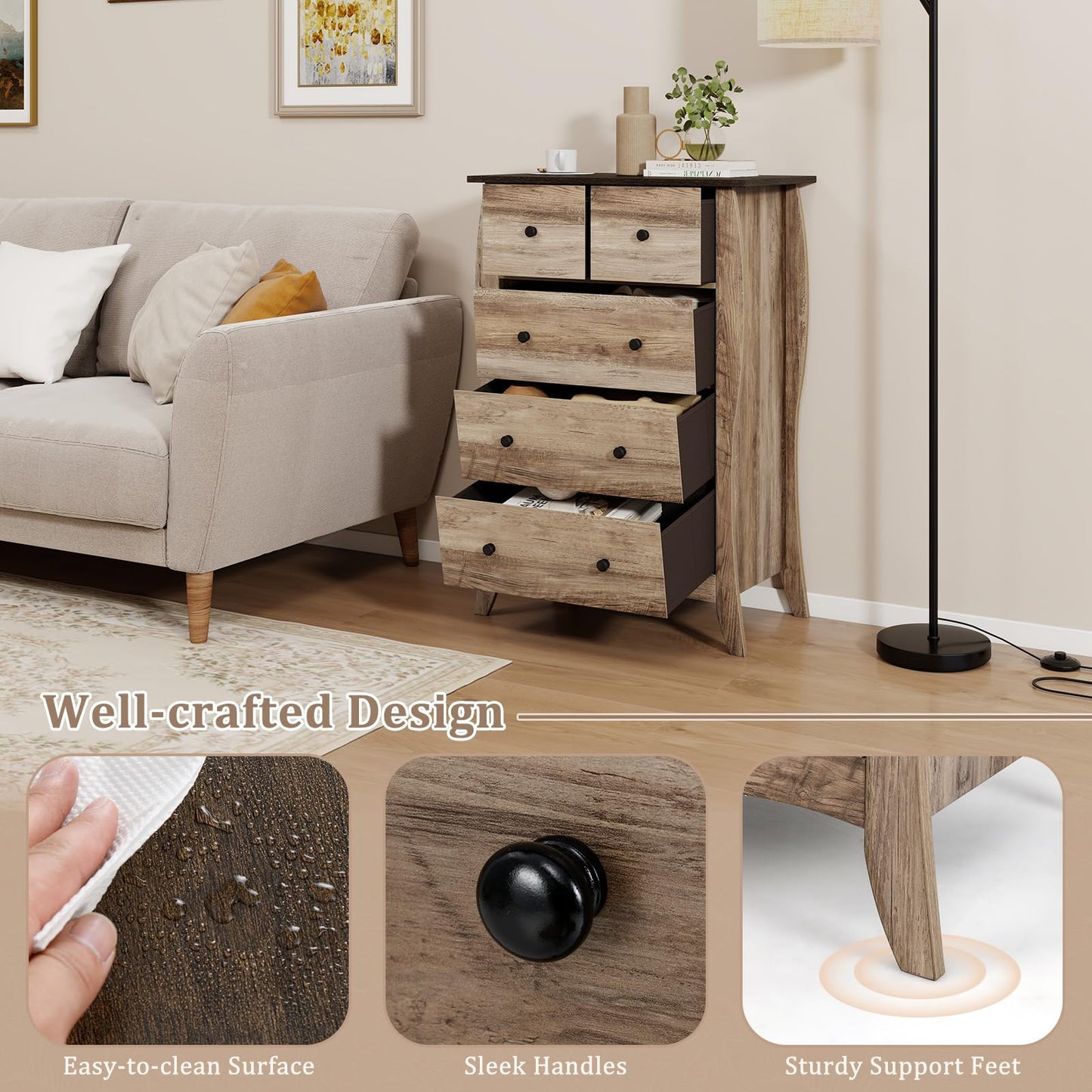 Farmhouse Chest of Drawers with 5 Folding Fabric Drawers and Anti-tipping Kit