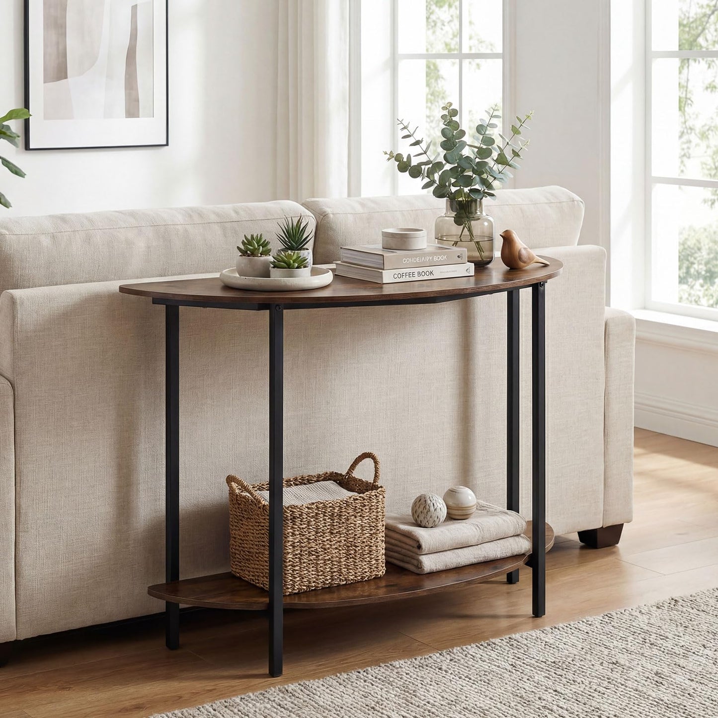 2-Tier Industrial Sofa Couch Table with Open Storage Shelf and Heavy-duty Metal Frame