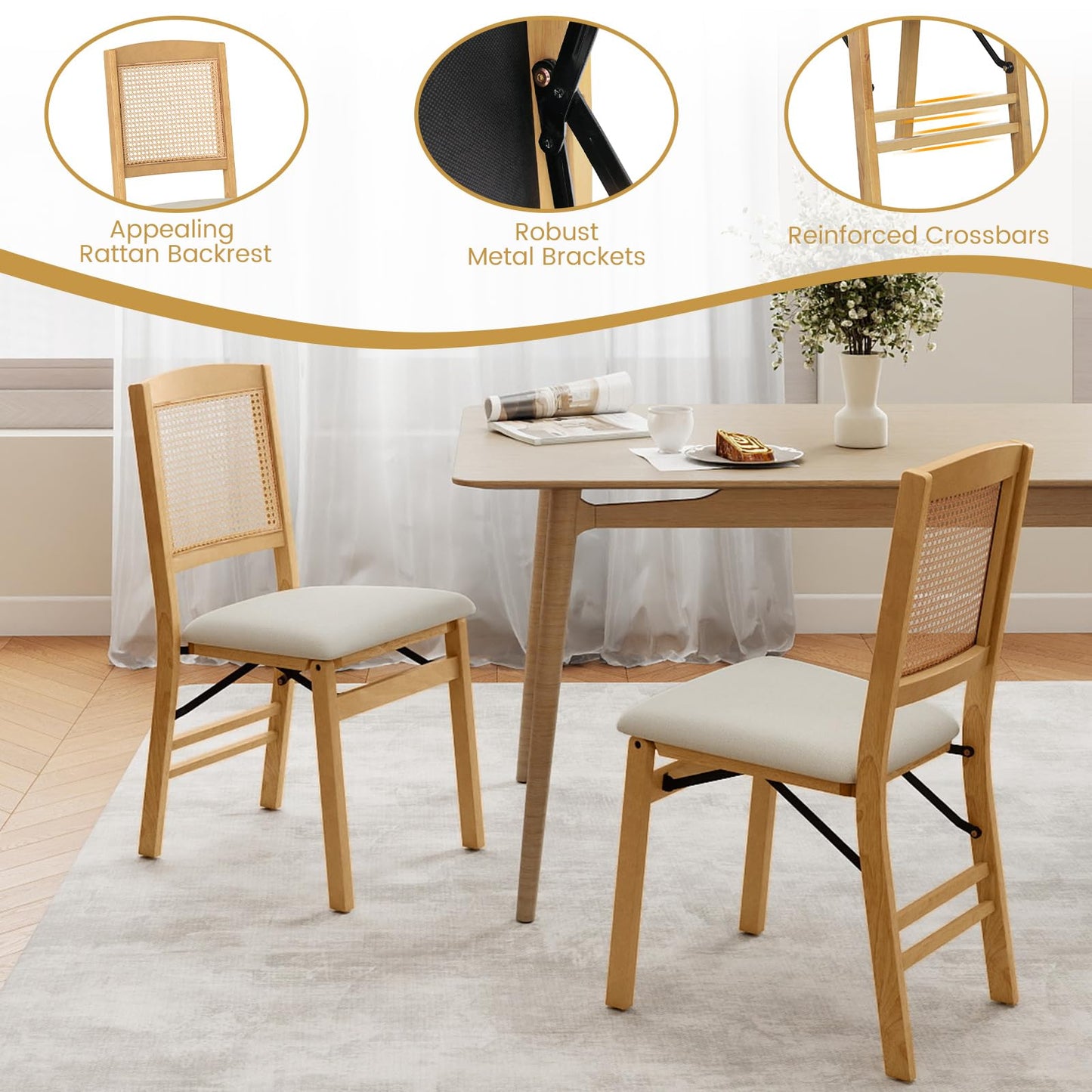 Wooden Folding Chairs Set of 2 Rustic Rubber Wood Dining Chairs with Linen Padded Seat