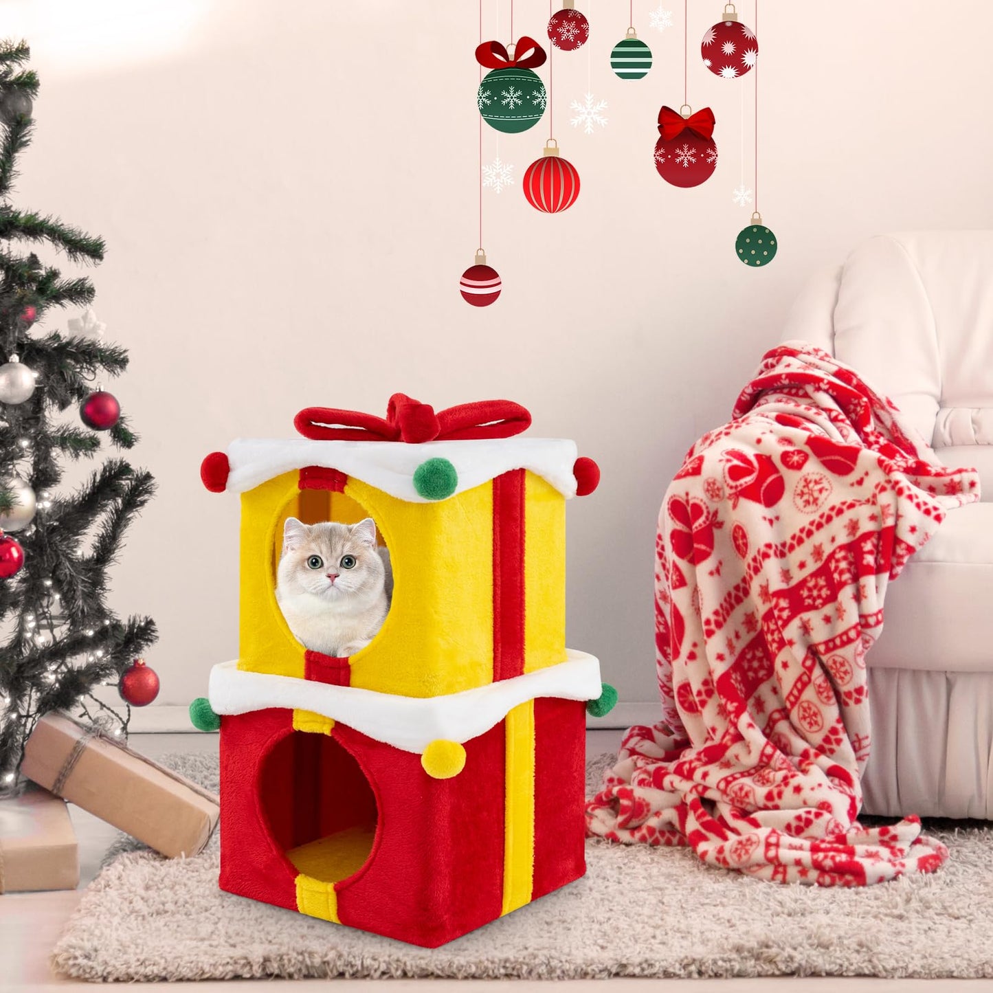 Indoor 2-Storey Cute Christmas Cat House with Bow