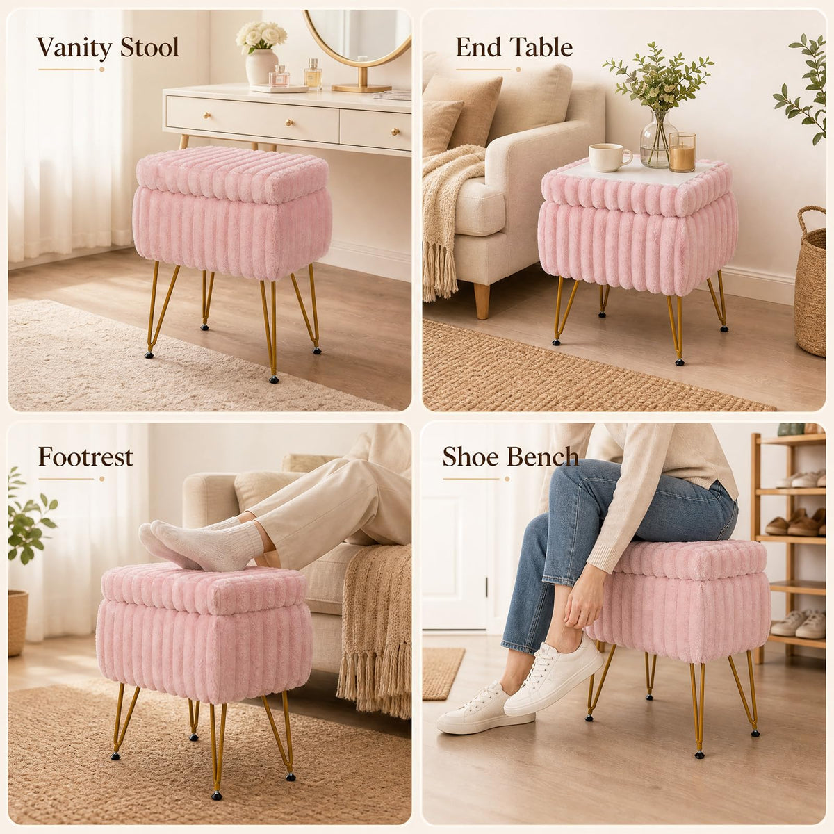 Faux Fur Ottoman with Metal Legs and 2-in-1 Design for Living Room Bedroom