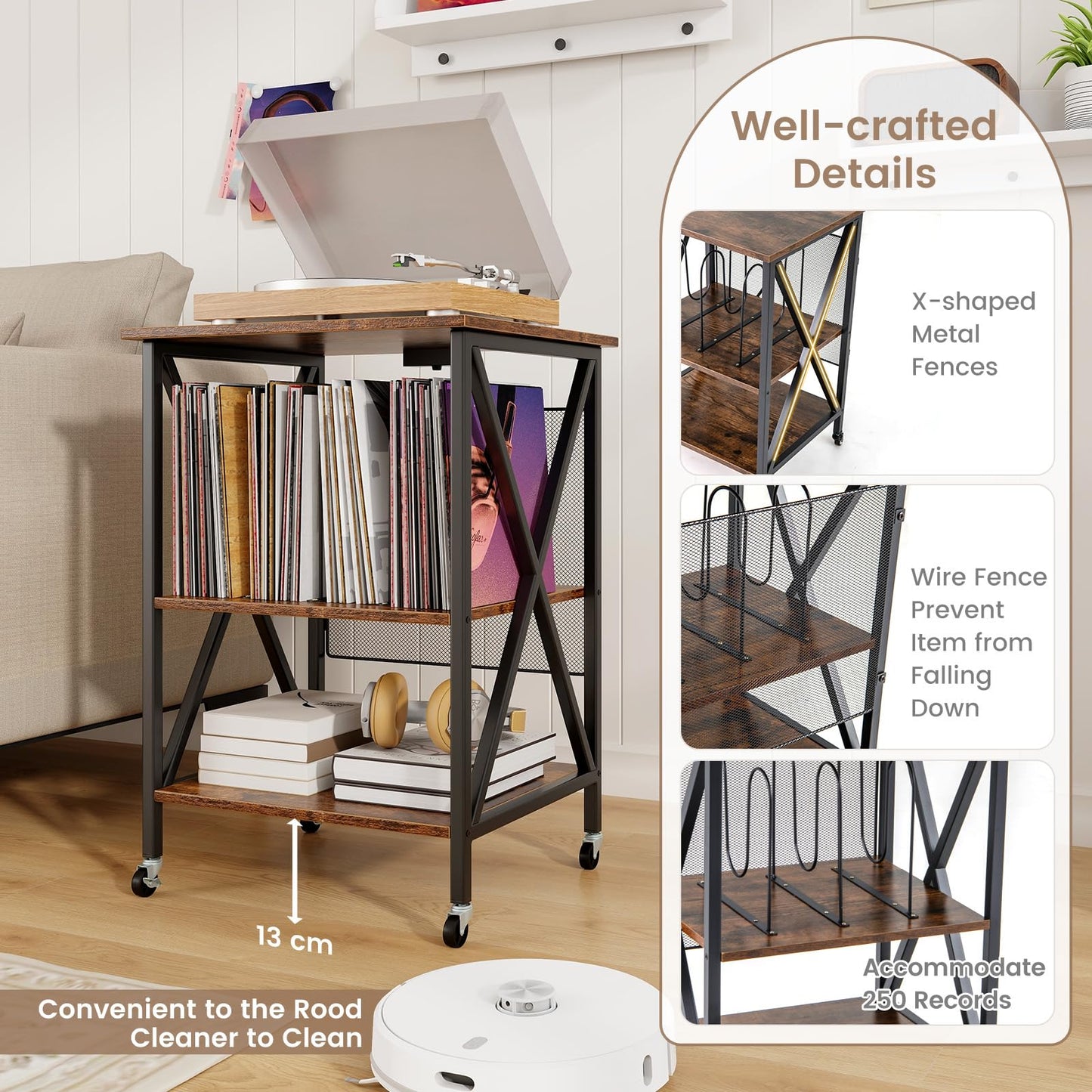 Turntable Record Player Stand with Builtin Charging Station and Divider
