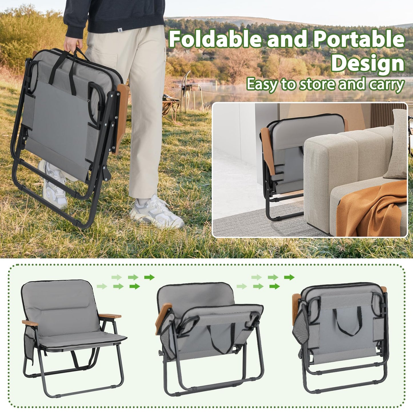 Set of 2 Folding Camping Chairs with Storage Pocket and Armrests