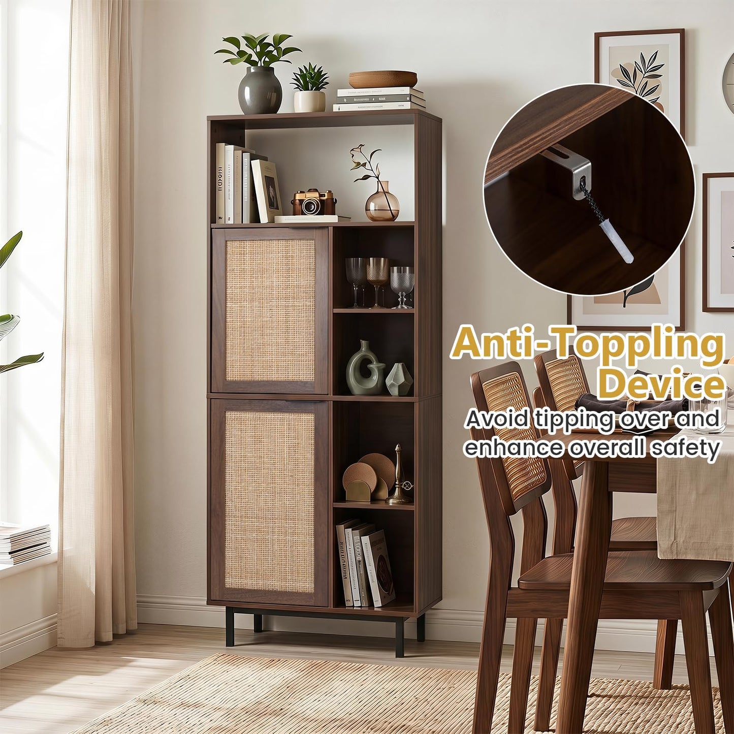 120 cm Storage Cabinet with 2 Rattan Doors & 5 Compartments