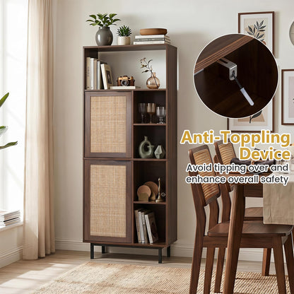 120 cm Storage Cabinet with 2 Rattan Doors & 5 Compartments