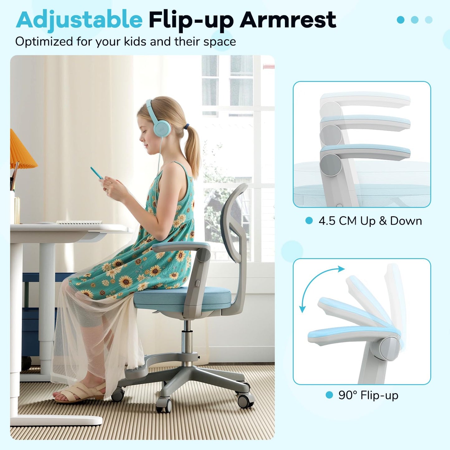 Kids Desk Chair Children Study Chair with Adjustable Height Armrest and Footrest