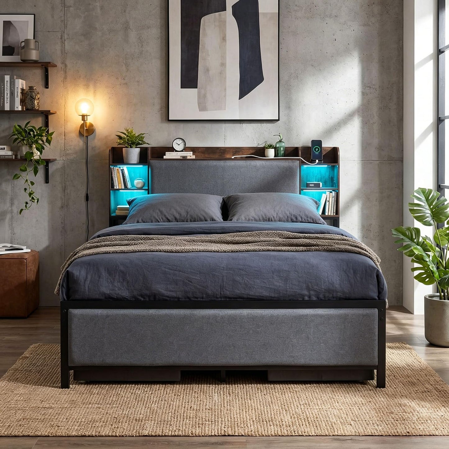 Double/King Size Bed Frame with LED Lights, Charging Station, Storage Headboard