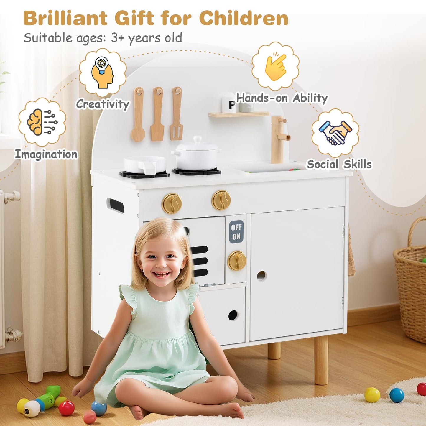 Play Kitchen for Kids Wooden Kitchen Playset with Stoves Faucet