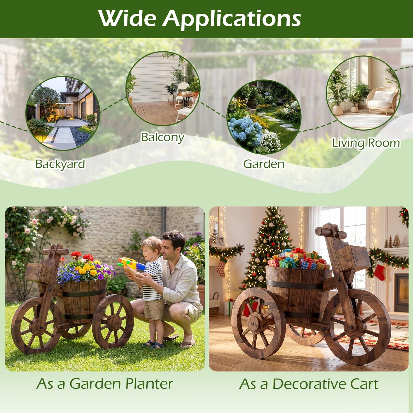 Wooden Wagon Planter, Tricycle Garden Planter with Drainage Hole