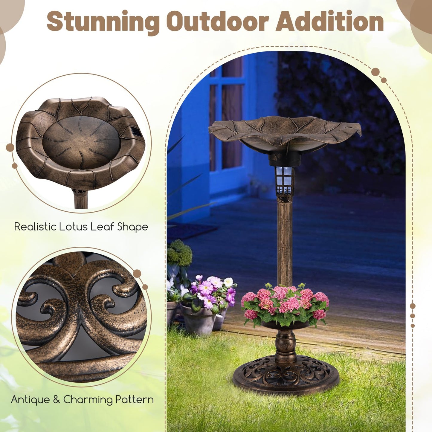 43cm Outdoor Birds Table with Solar Light & Lotus Leaf Bowl