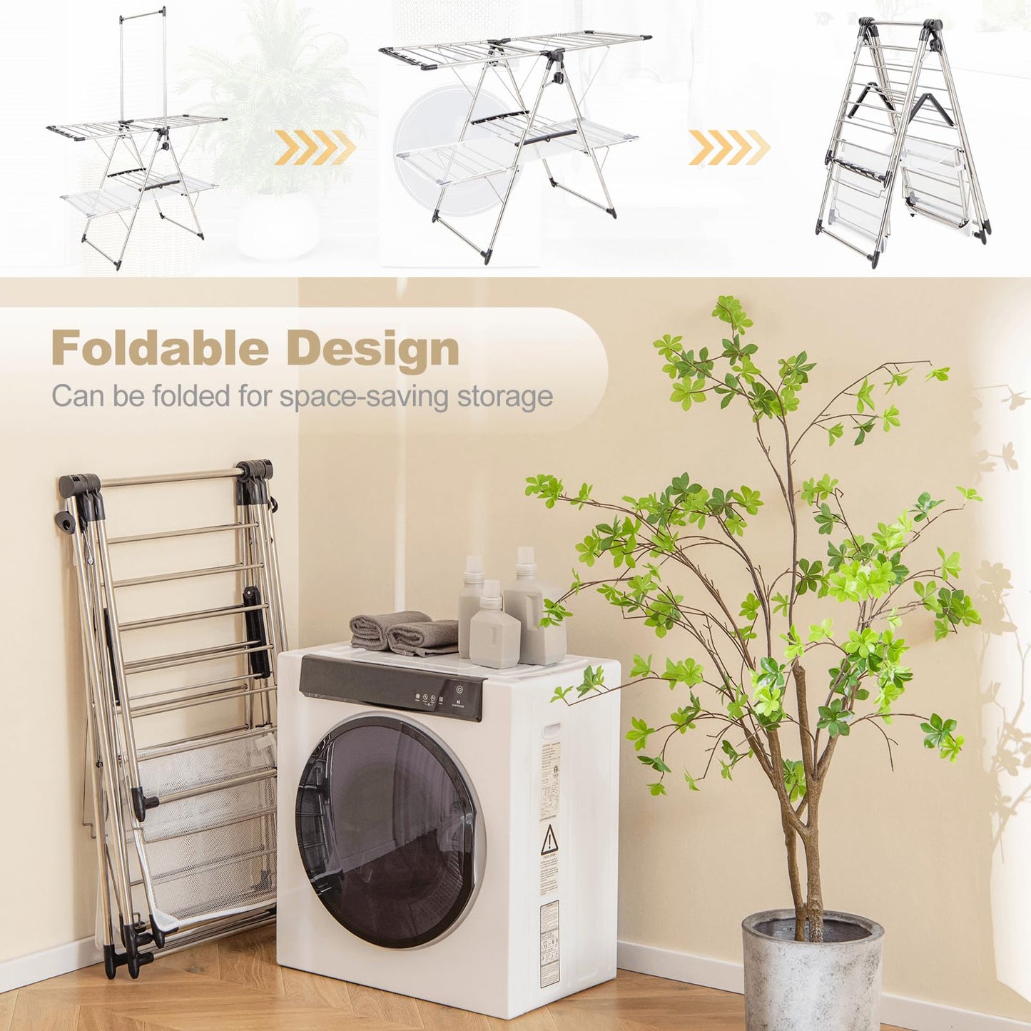 2-Tier Foldable Laundry Drying Rack with Tall Hanging Bar
