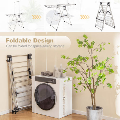 2-Tier Foldable Laundry Drying Rack with Tall Hanging Bar