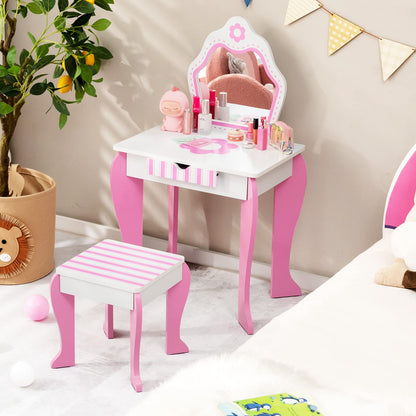 Kids Vanity Table and Stool Set with Mirror and Drawer