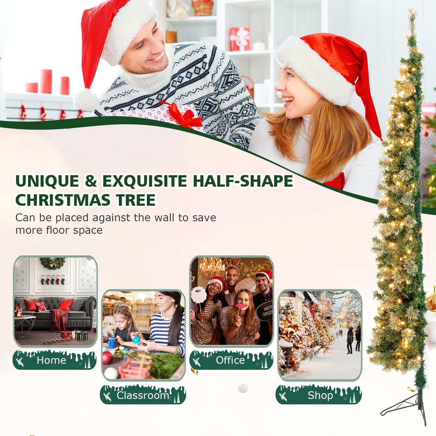 210cm Pre-Lit Half-Shape Christmas Tree with 403 Branch Tips and 150 LED Lights