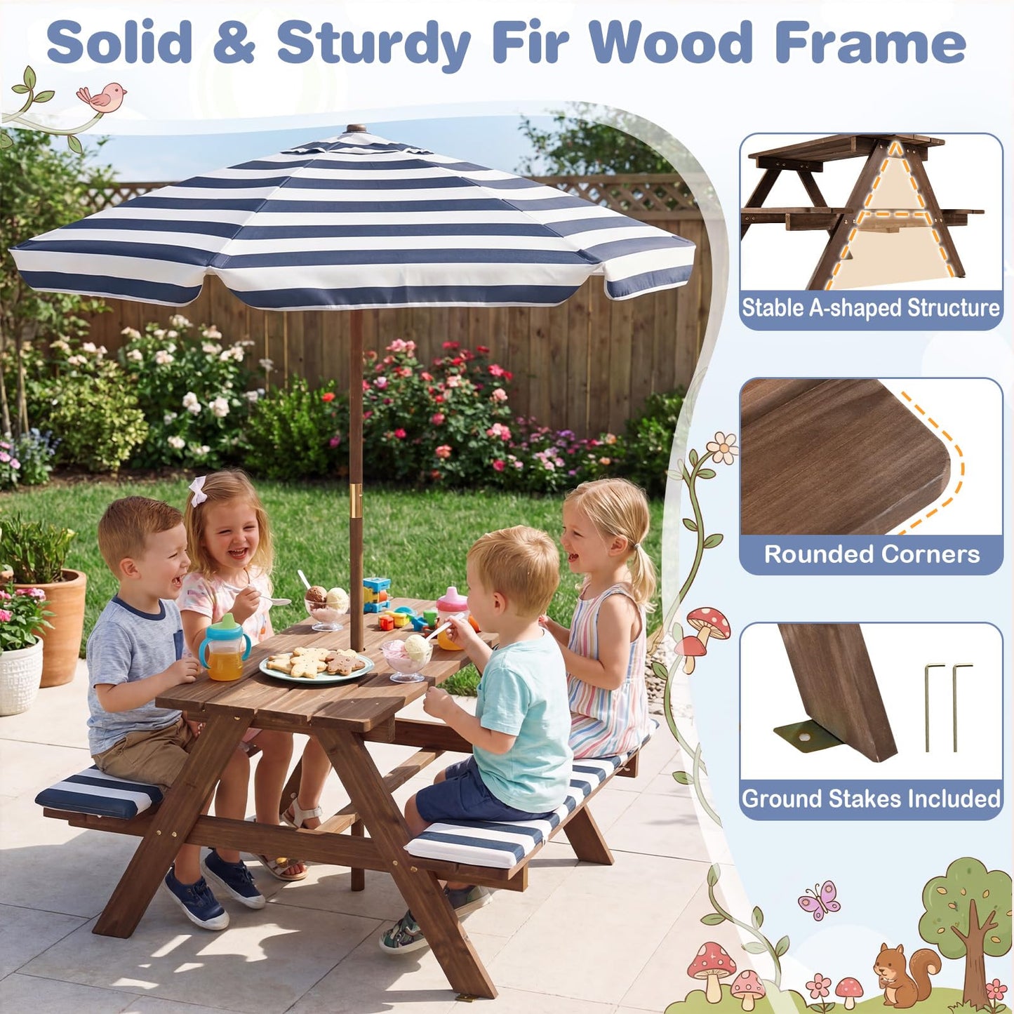 Kids Picnic Table, Wooden Children Garden Table and Bench Set