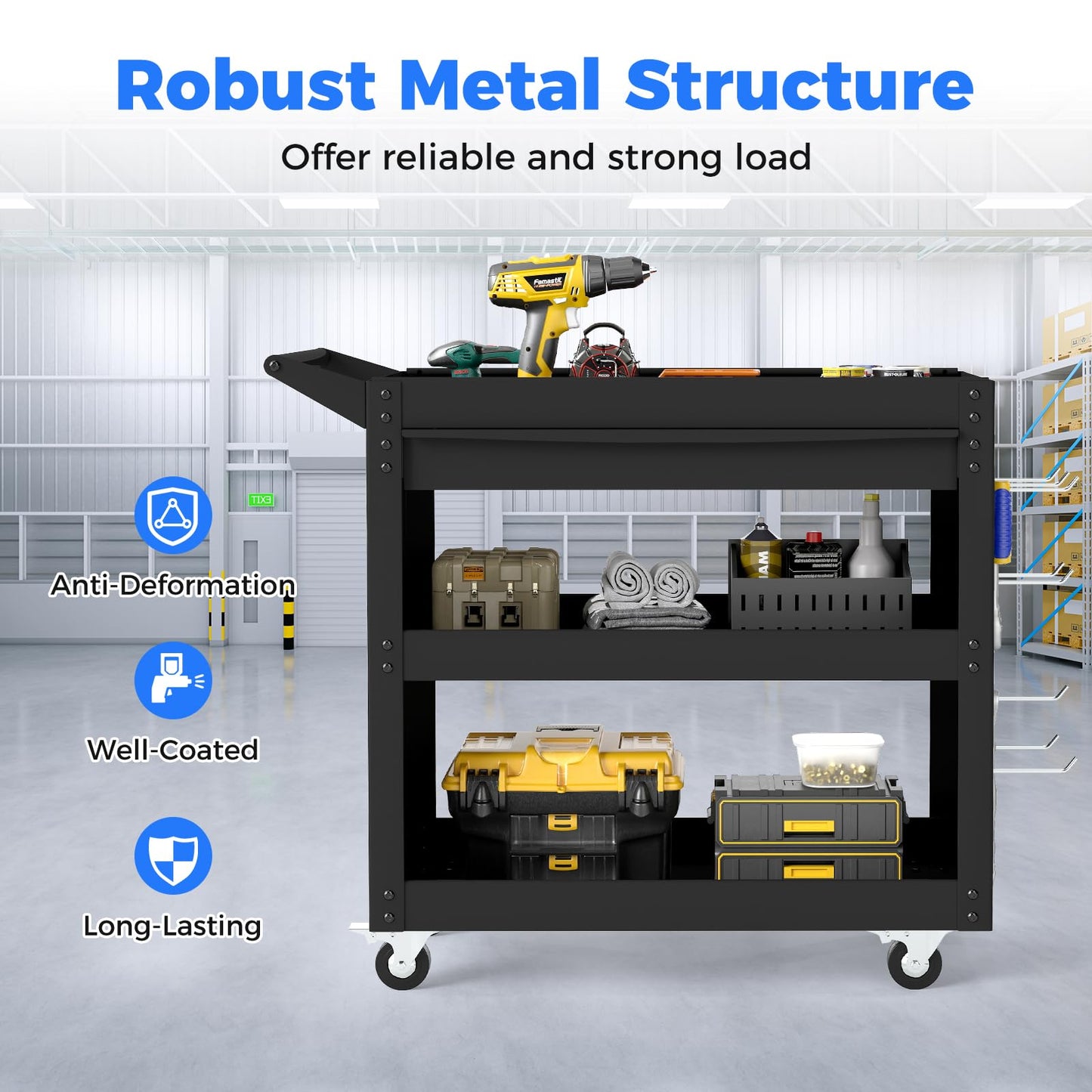 3-Tier Tool Trolley on Wheels, Lockable Metal Mechanic Tool Cart with Drawer