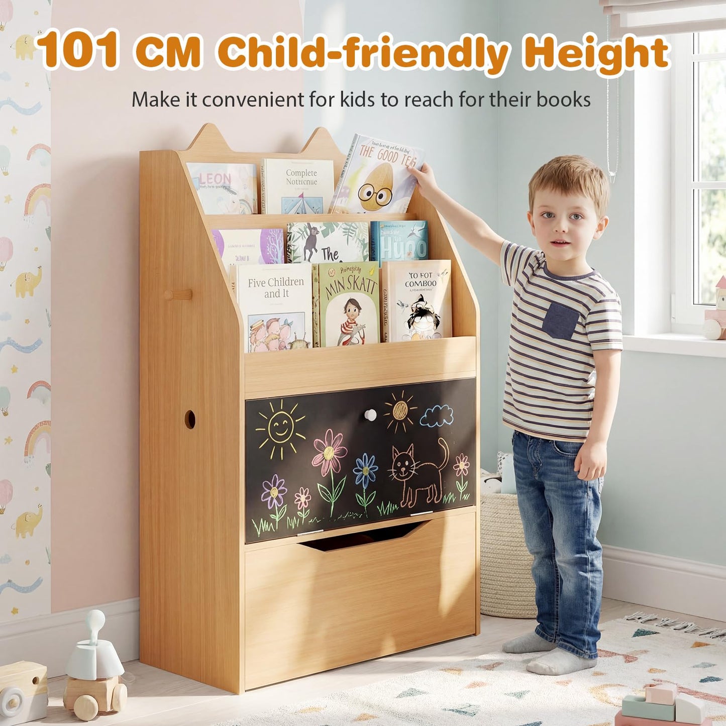 Wooden Kids Bookshelf with Movable Drawer & Chalkboard for Playroom Nursery