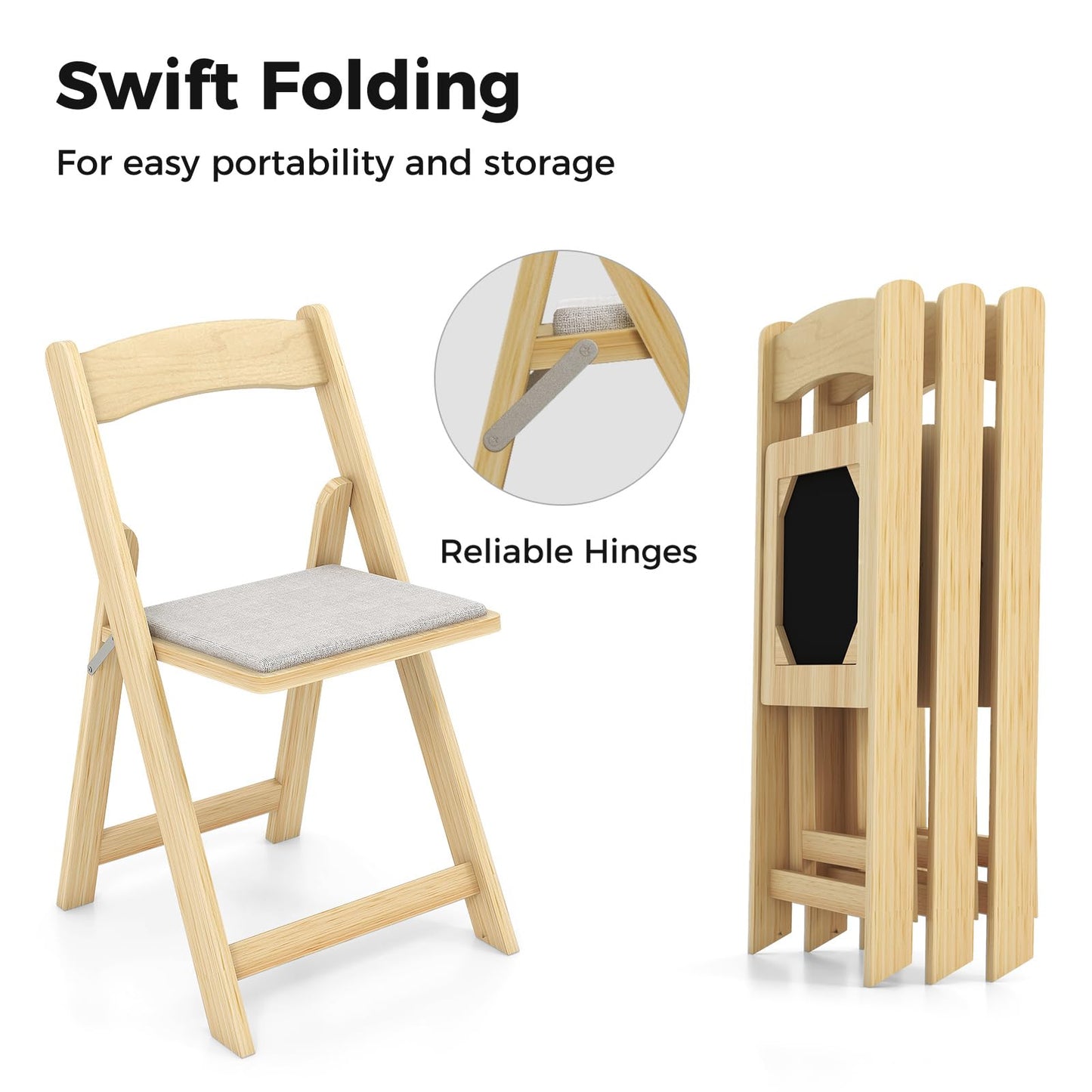 Set of 2 Foldable Kitchen Chair with Rubber Wood Legs and Padded Seat