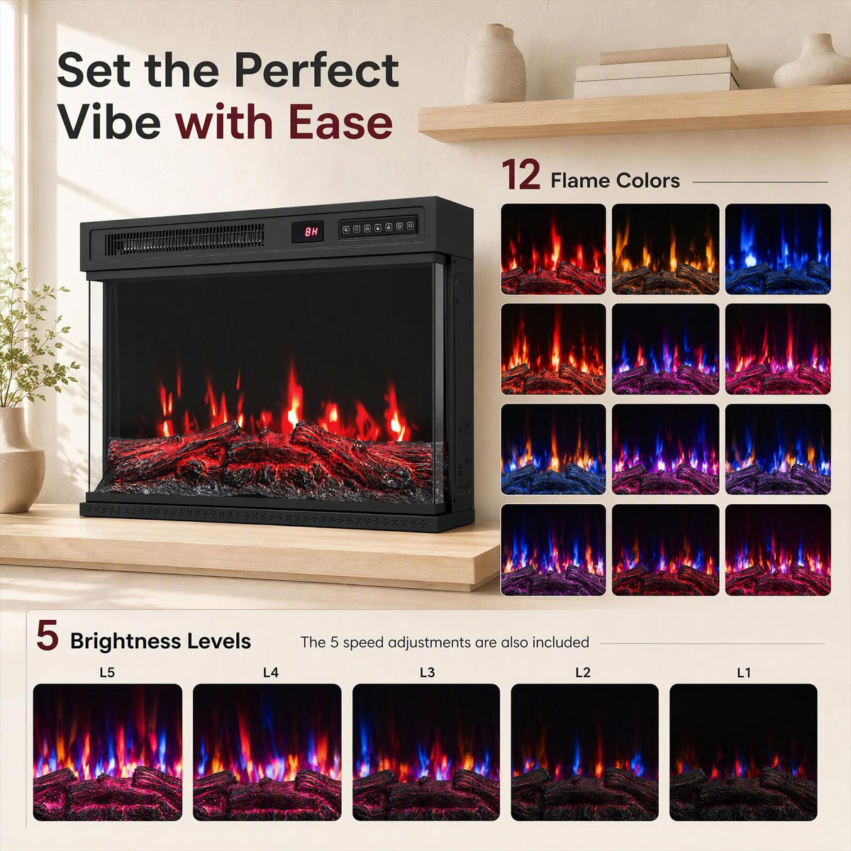 3-Sided Built-in Electric Fireplace Insert with 12 Flame Colours Thermostat and 8H Timer