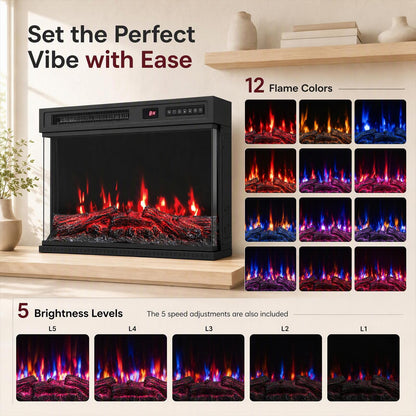 3-Sided Built-in Electric Fireplace Insert with 12 Flame Colours Thermostat and 8H Timer