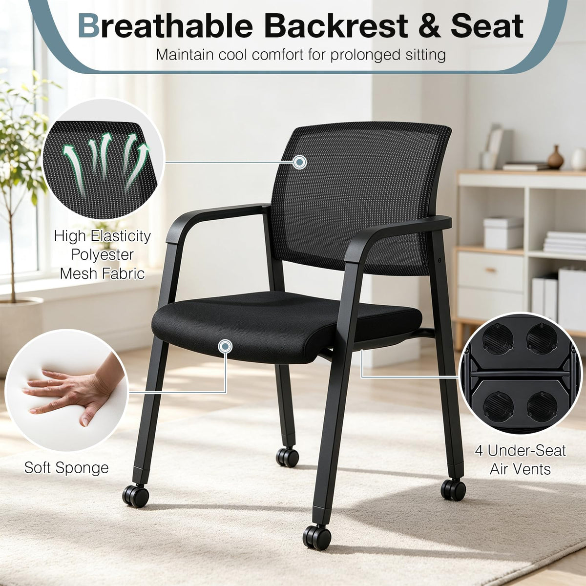 Set of 2 Stackable Reception Chairs, Upholstered Mesh Office Chair Meeting Conference Armchair