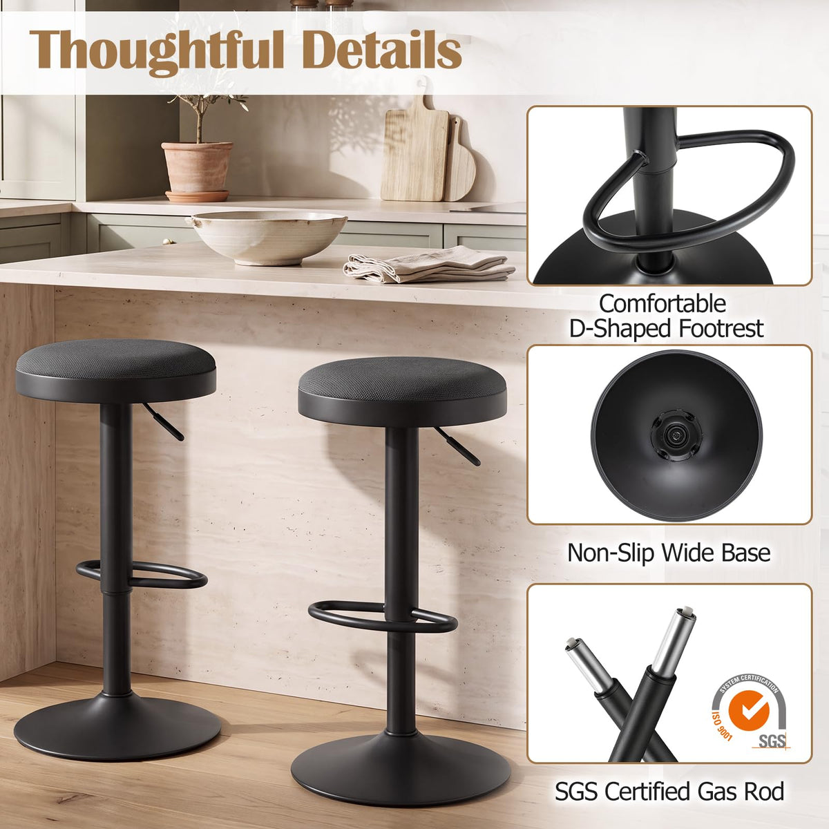 Bar Stools Set of 1 with Fabric Padded Seat & Adjustable Height