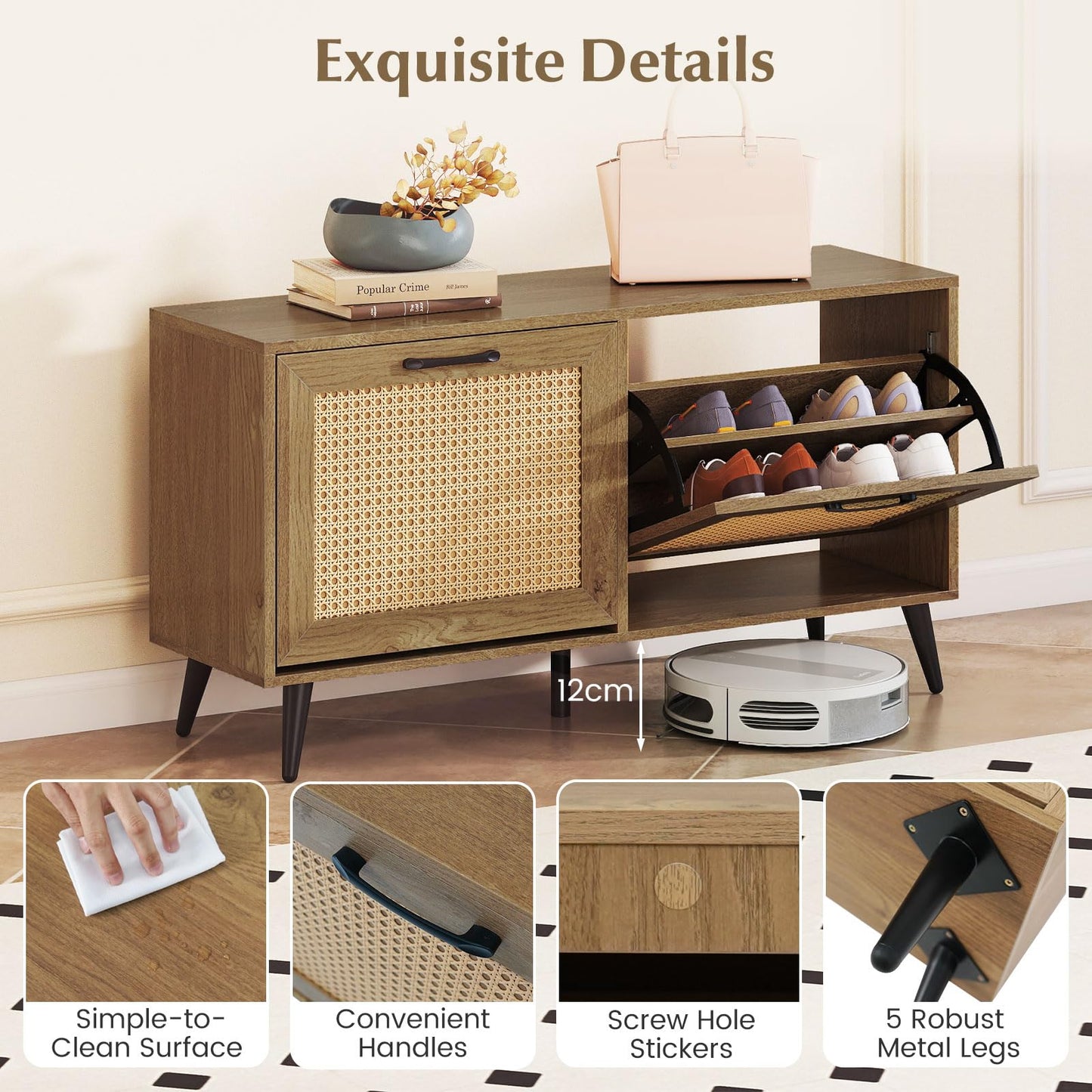 Rattan Shoe Storage Bench with Flip Drawers, Adjustable Shelves