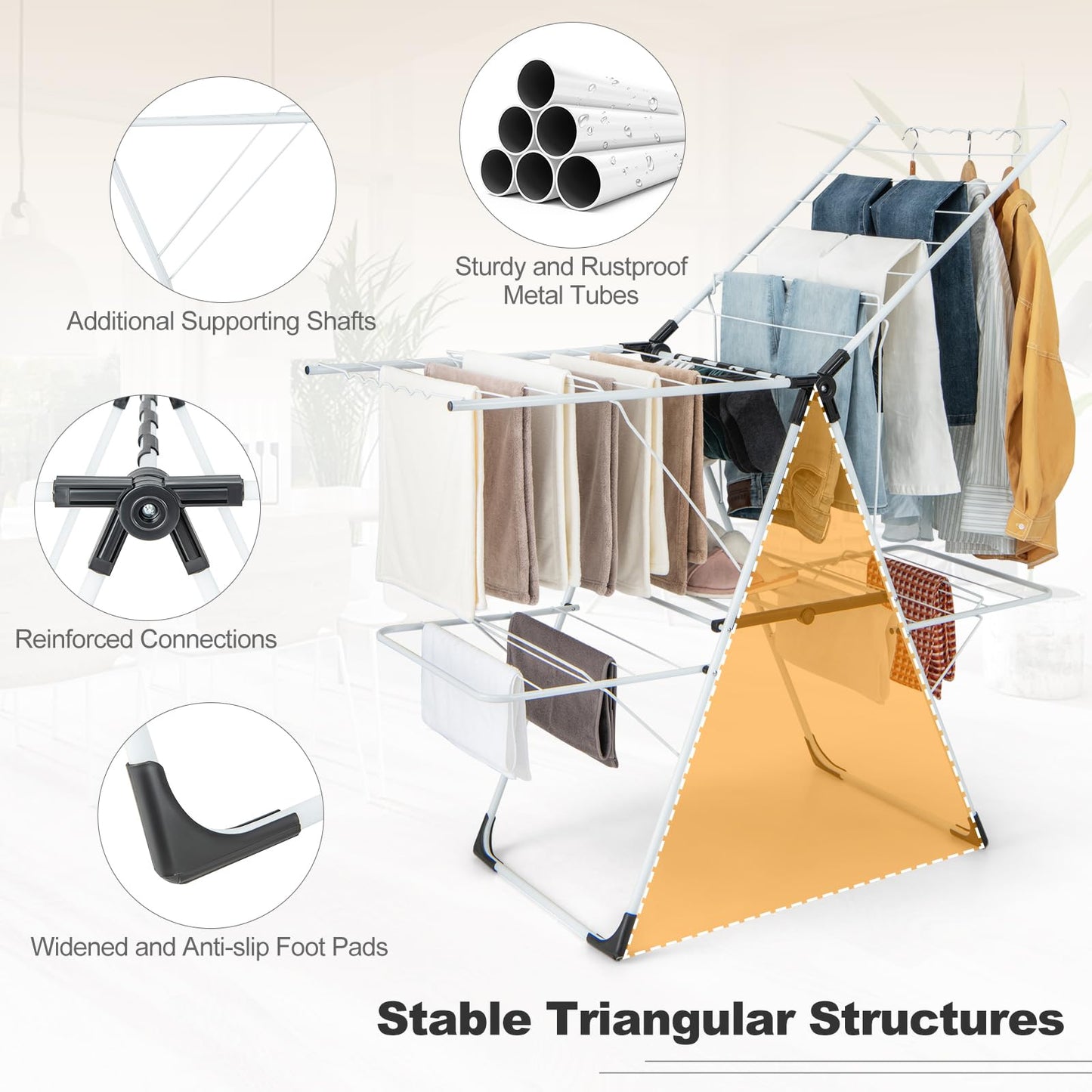 Foldable 2 level Laundry Drying Rack with Adjustable Wings and Clips