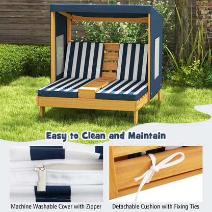 Kids Double Sun Lounger, 2-Seater Garden Lounge Chair with Canopy