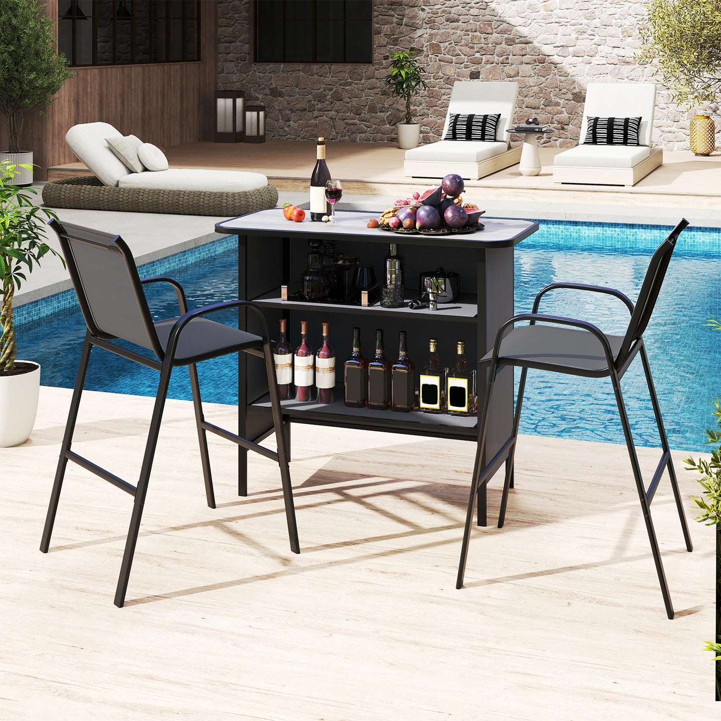 3 Piece Outdoor Bar Table and Chairs Set with Breathable Fabric