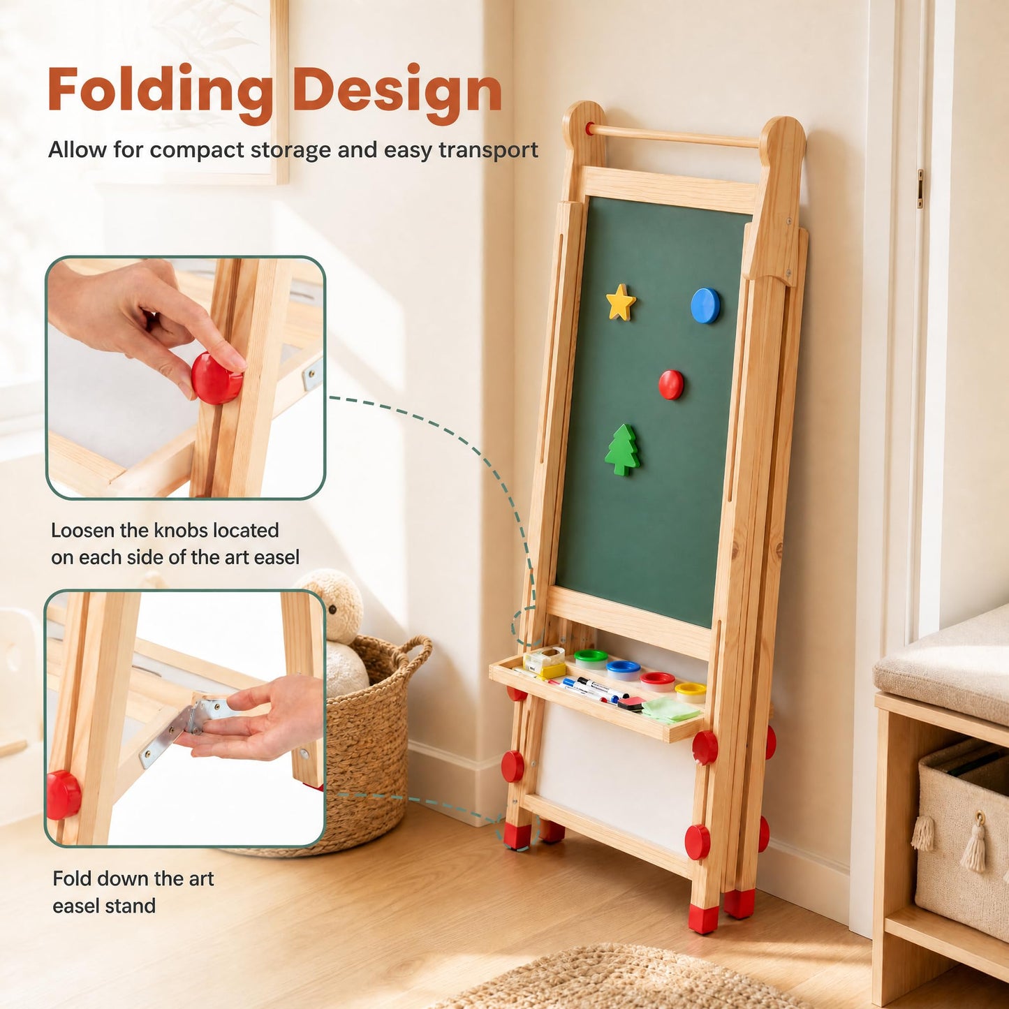 3-in-1 Kids Art Easel, Double-Sided Folding Wooden Easel
