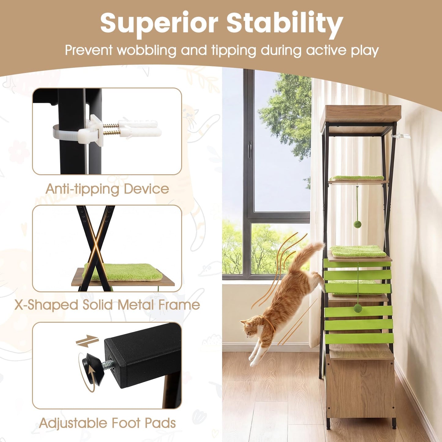 Multi-level Cat Tree, 185CM Wooden Cat Tower with Elevated Perch