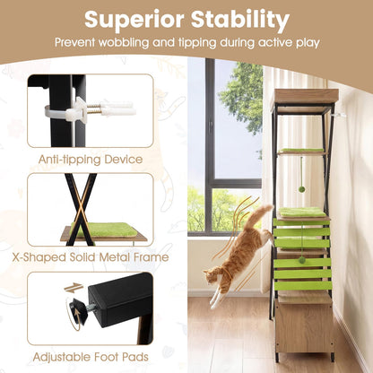 Multi-level Cat Tree, 185CM Wooden Cat Tower with Elevated Perch