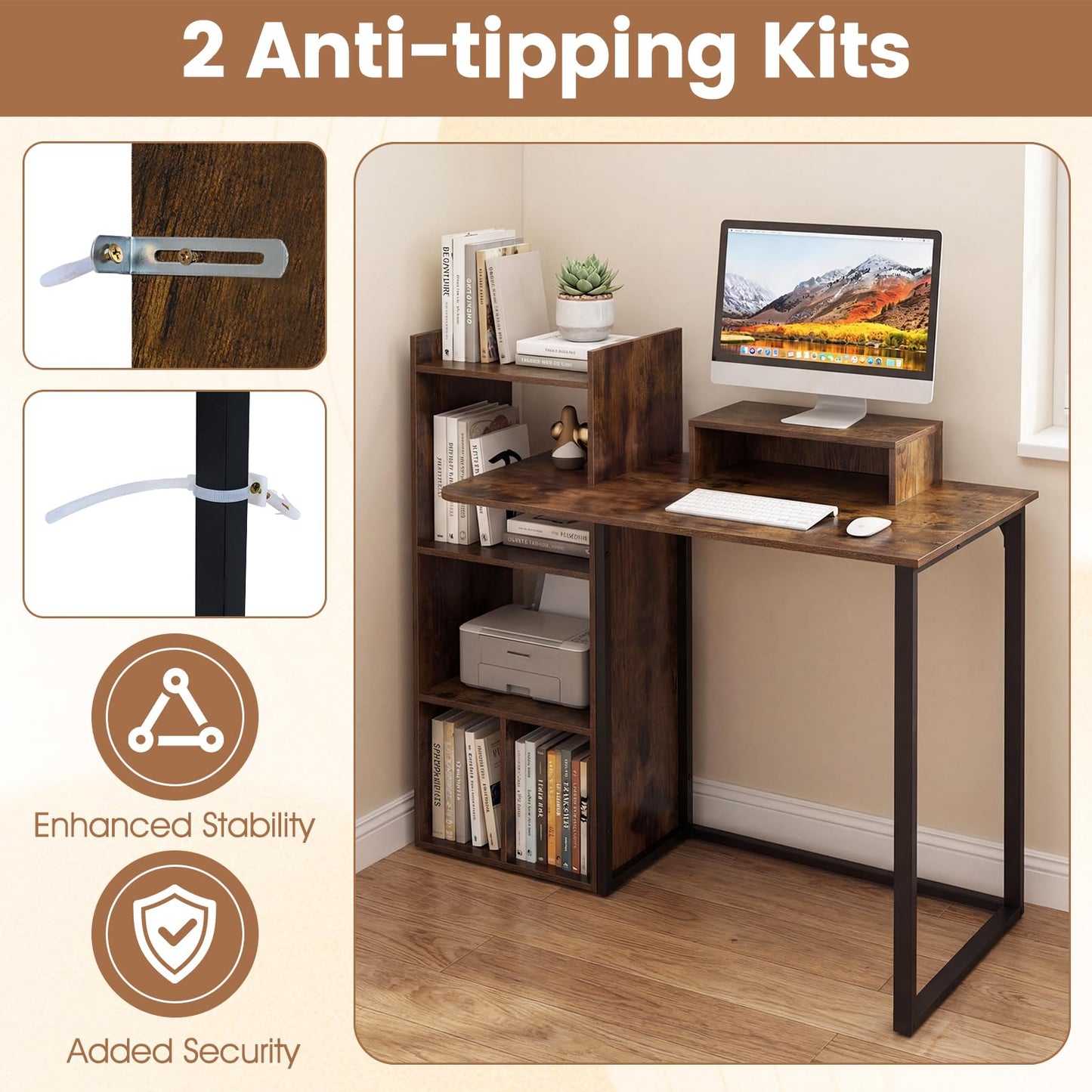 Computer Desk with Storage Shelves, 110CM PC Laptop Table Writing Workstation