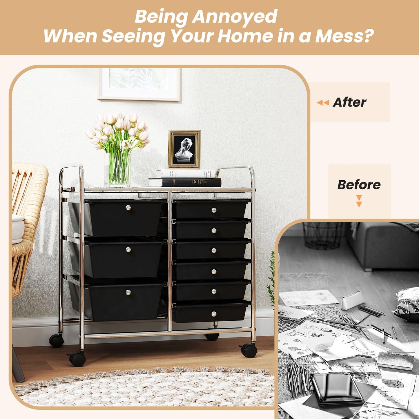 Metal Frame Utility Storage Organizer Cart with 4 Wheels