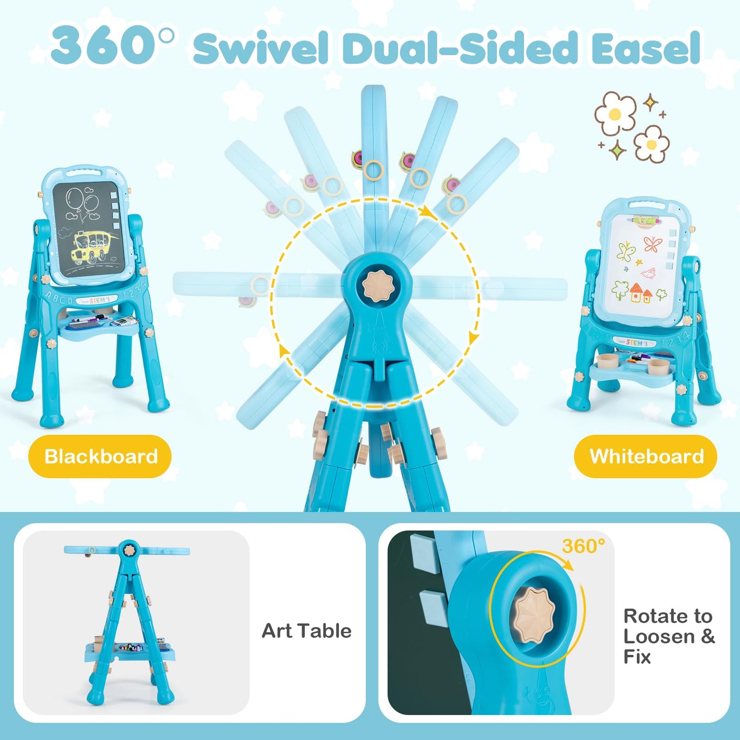 4-In-1 Double Side Easel for Toddler with Magnetic Chalkboard