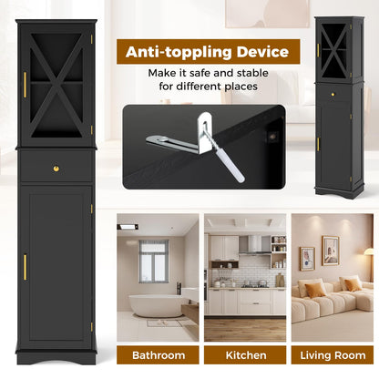 Wooden Freestanding Bathroom Tall Cabinet with 2 Doors & Adjustable Shelves