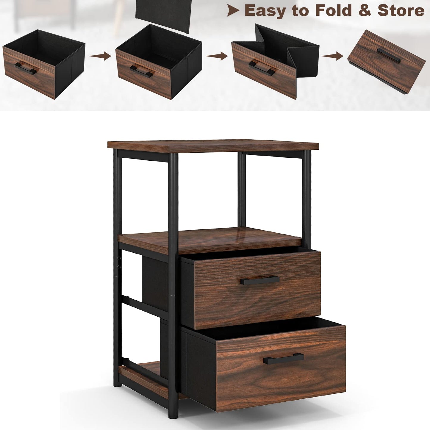 Metal Frame Bedside Table with Open Shelf and 2 Drawers