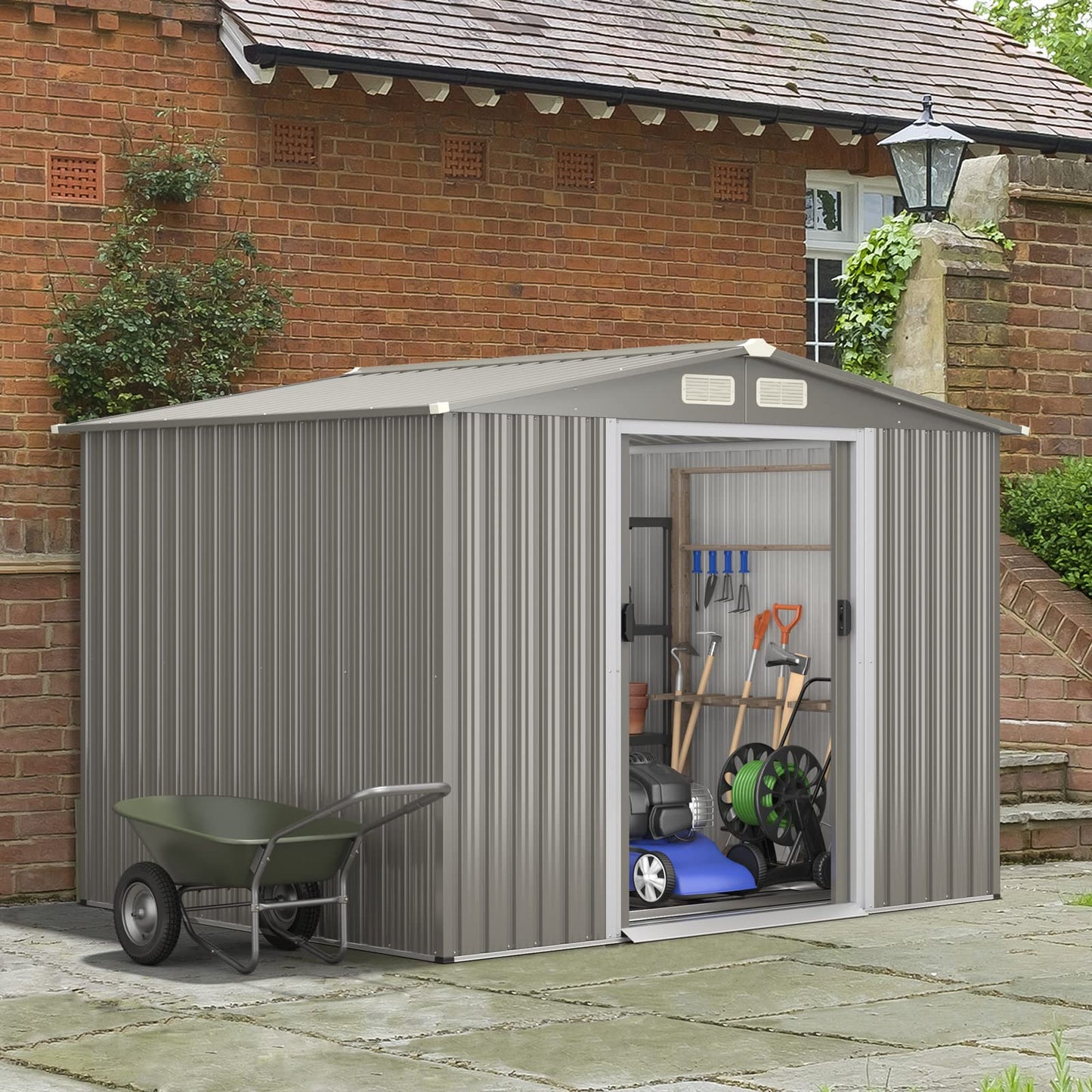 8.5x7FT Outdoor Galvanized Metal Garden Shed with Foundation