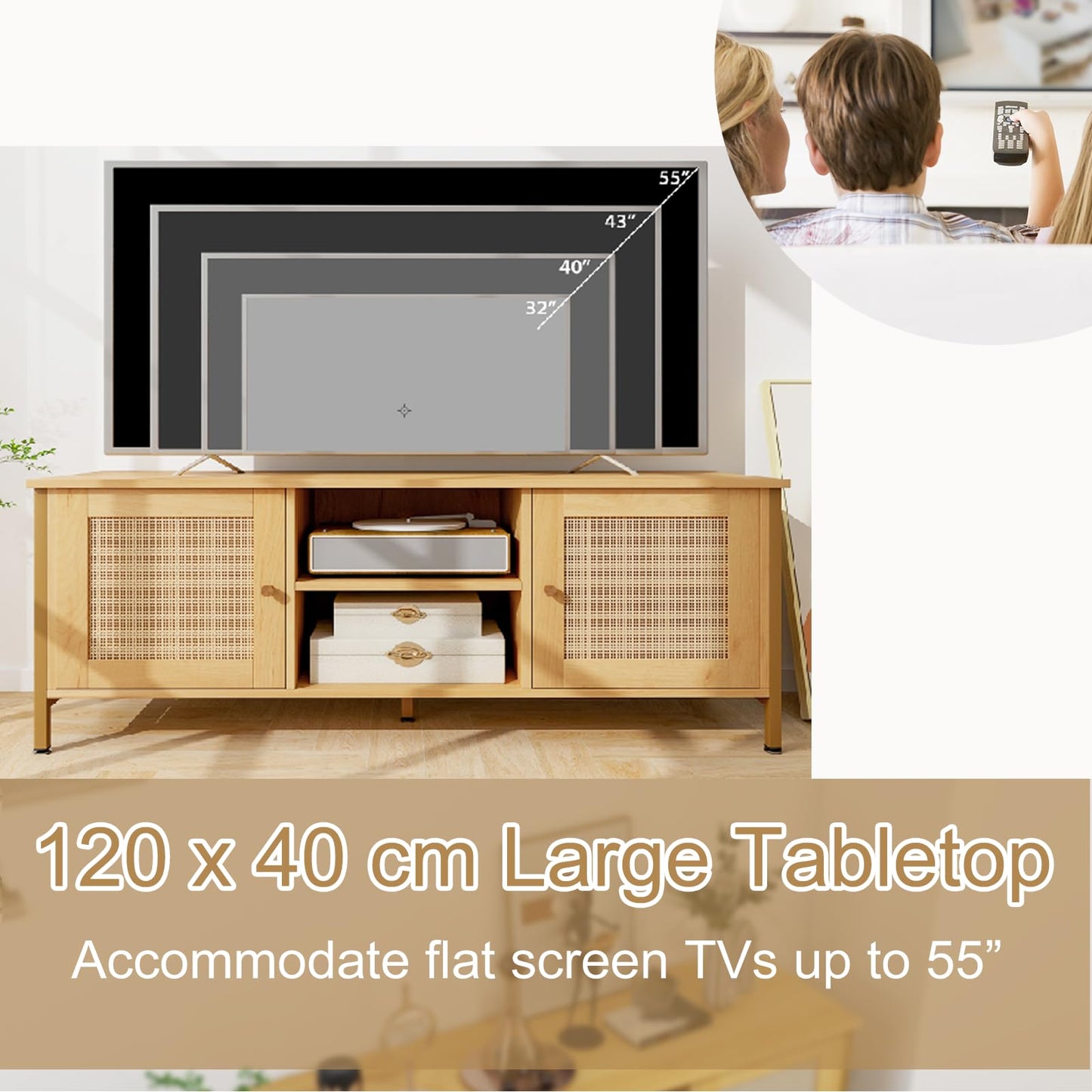 Boho TV Stand Media Console Table with 2 Cabinets and Open Shelf