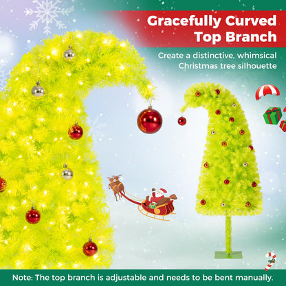 Pre-Lit Christmas Tree, Slim Artificial Xmas Tree with Curved Top Neon Chartreuse PVC Foliage, Warm White LEDs, 8 Light Modes, Pre-Decorated with Baubles, Metal Base for Indoor Use Visit the TANGZ
