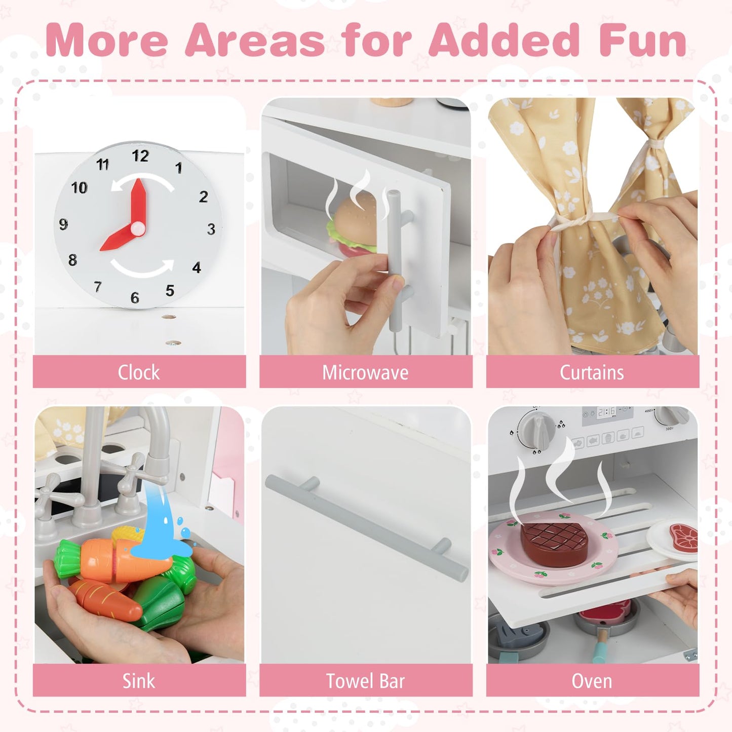 Wooden Play Kitchen for Kids with 3 Adjustable Heights with Stoves and Ice Maker