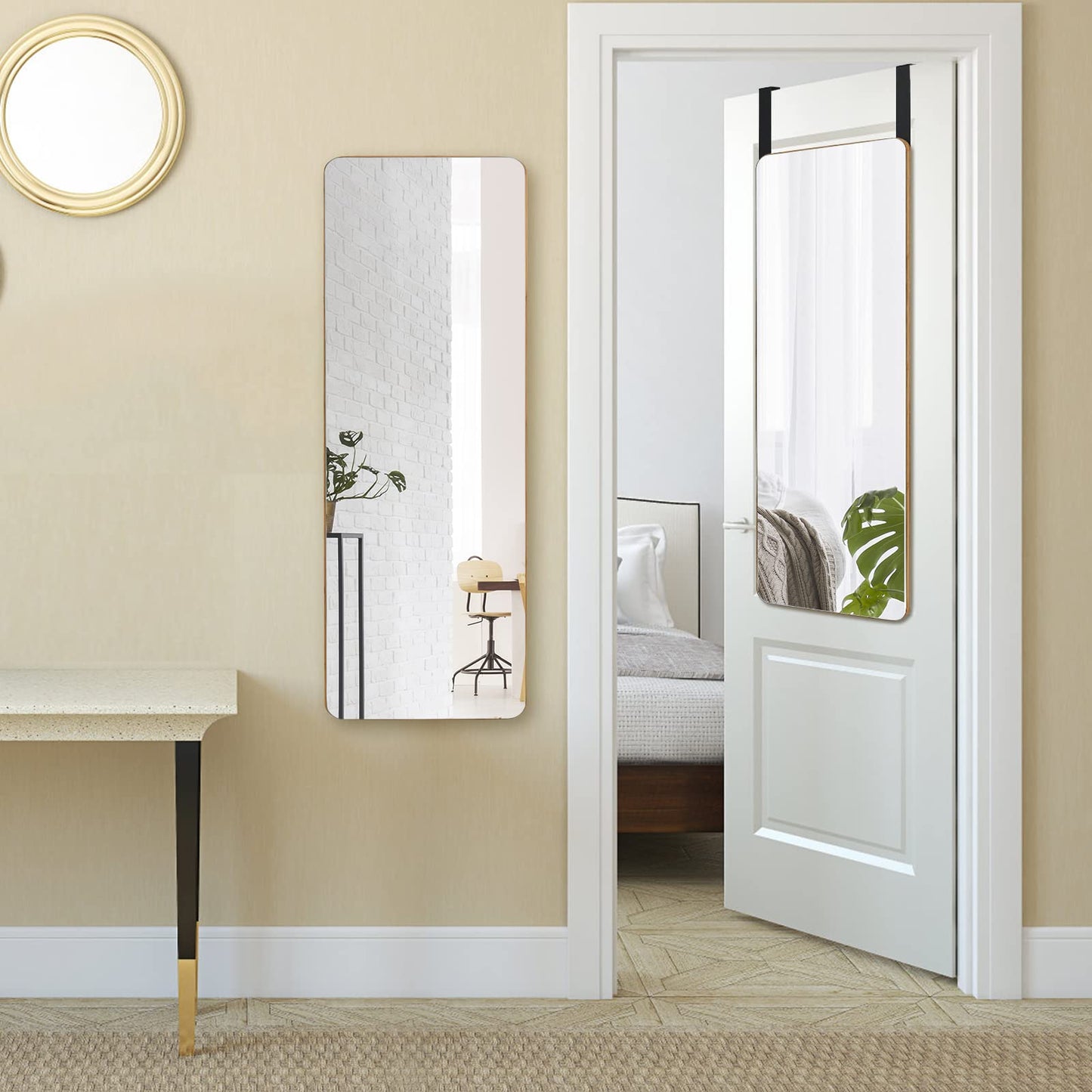 Rectangle Wall Mounted Mirror with Bamboo Frame and Round Corners