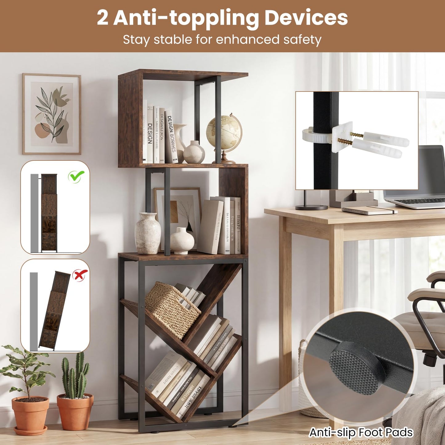 6-Tier Bookshelf, Industrial S-Shaped Geometric Bookcase