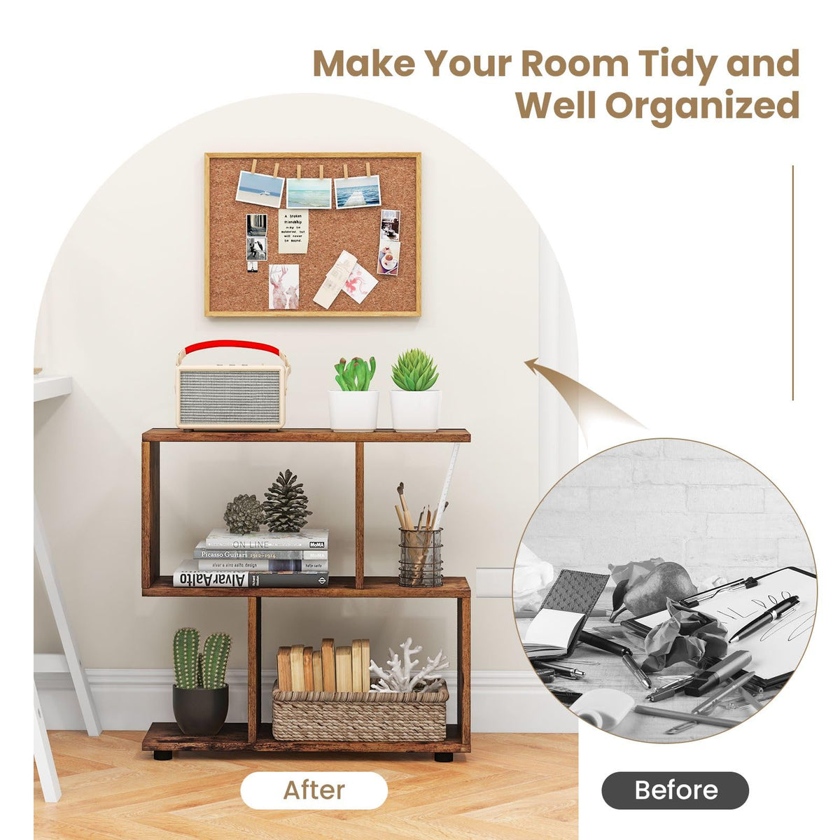 Wooden Bookshelf, 2-tier Irregular Display Shelf